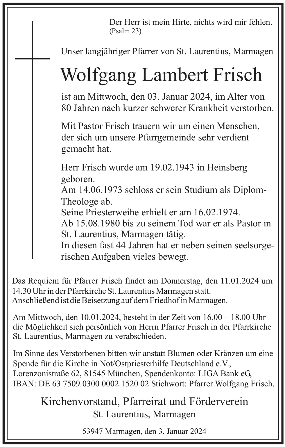Todesanzeige Pfarrer Frisch (c) Pfarreirat Marmagen